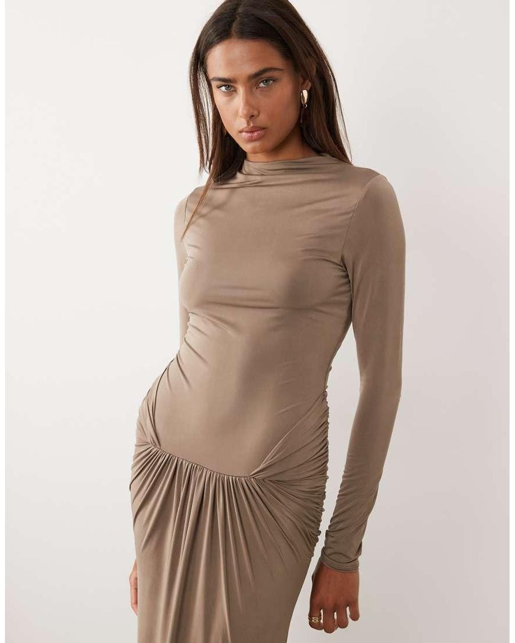 ASOS Natural Slinky High Neck Maxi Dress With Waist Detail