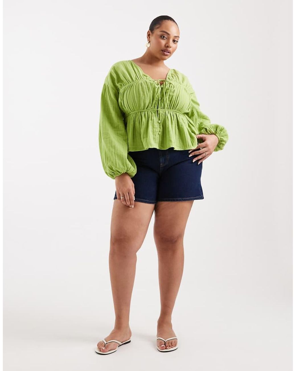 ASOS Green Asos Design Curve Long Sleeve Smock Top With Button Front