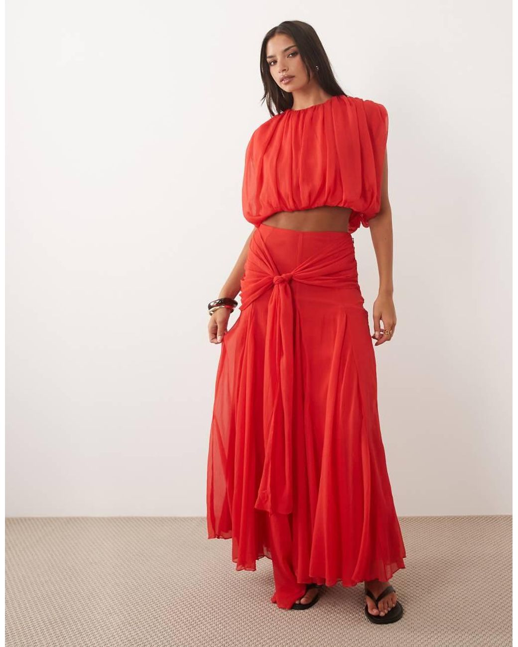 ASOS Red Chiffon Pleat Detail Co-ord Blouse