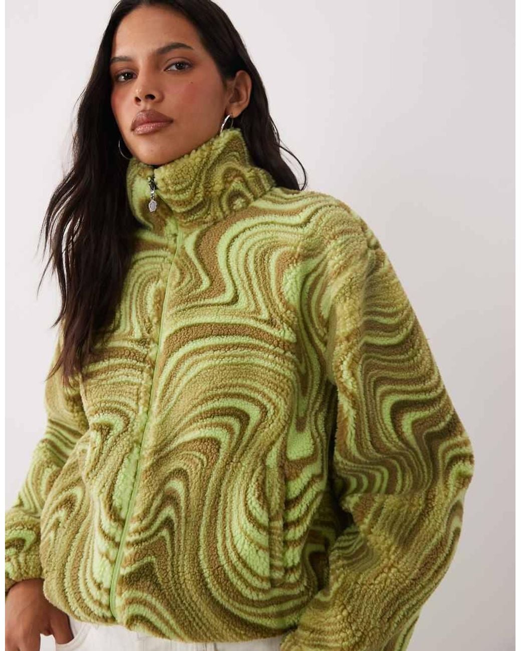 Brave Soul Green Zip Up Fleece With Swirl Print