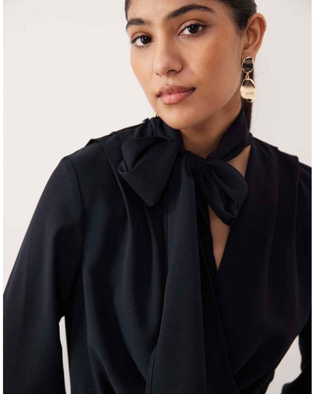 Mango Black Tie Neck Long Sleeve Mini Dress
