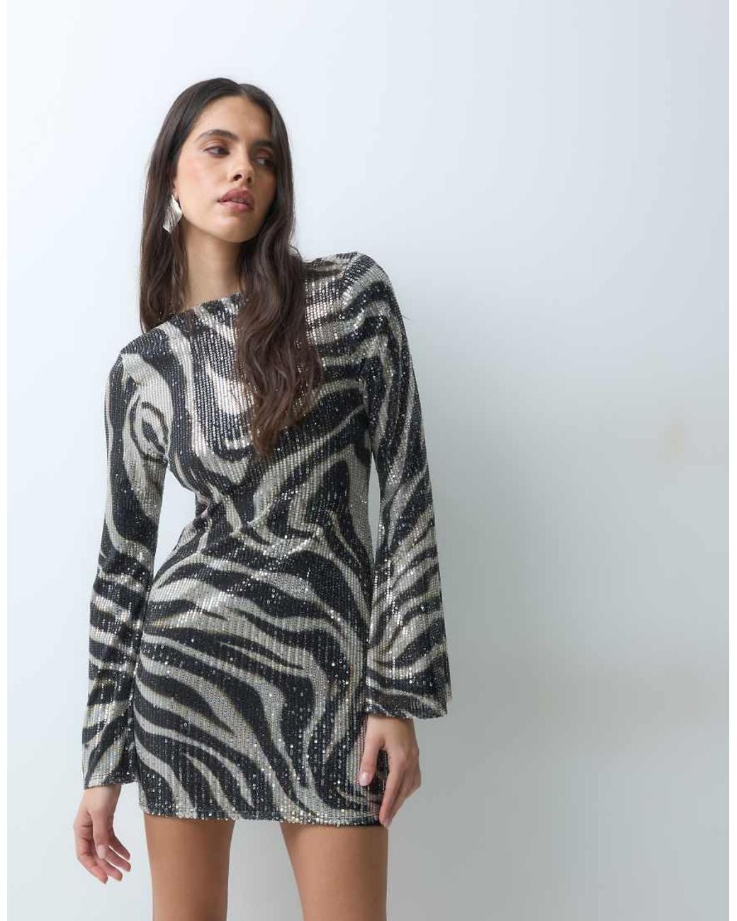 ASOS Gray Printed Zebra Animal Sequin Mini Dres