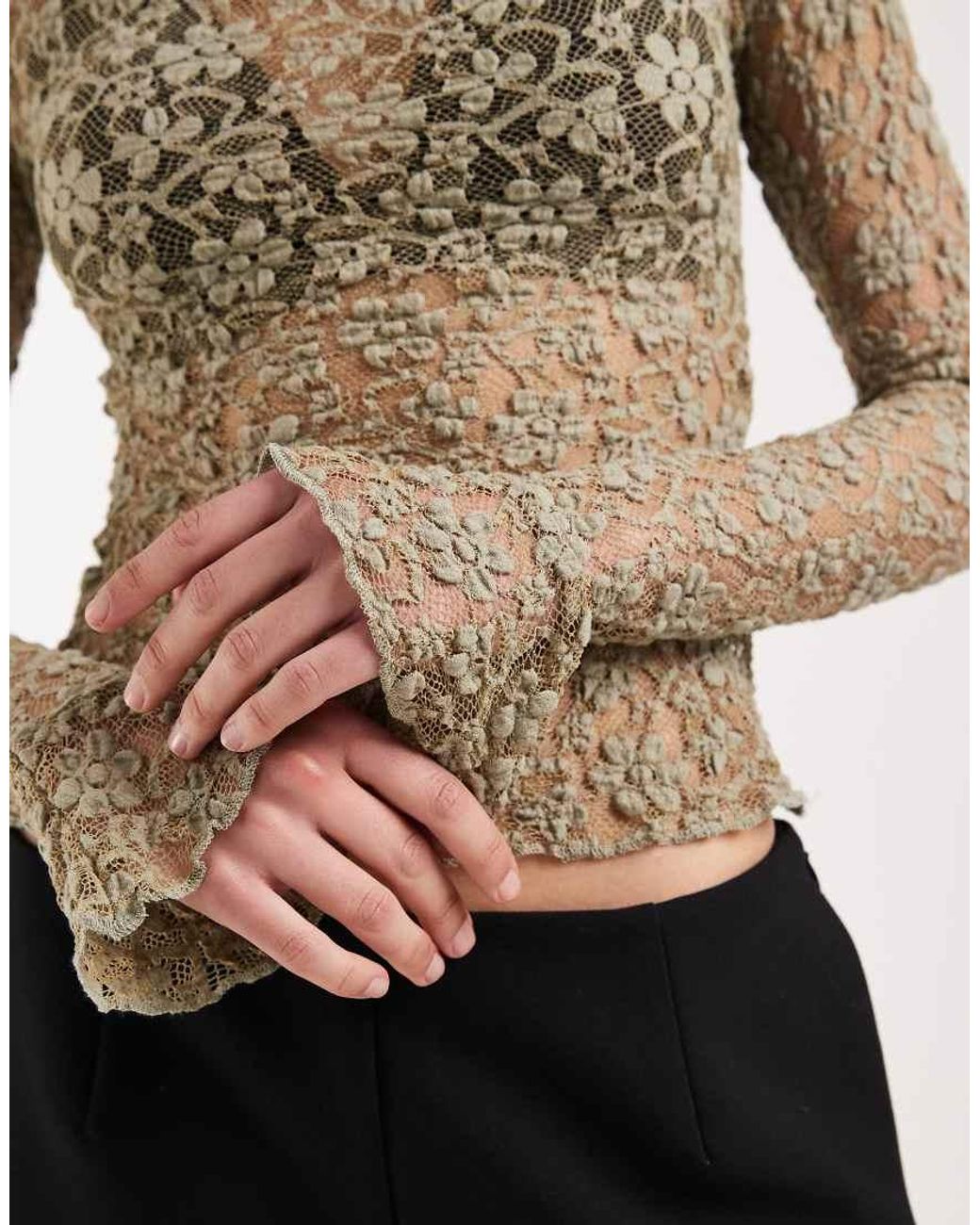 Motel Black Beerus Long Sleeve Mock Neck Lace Top