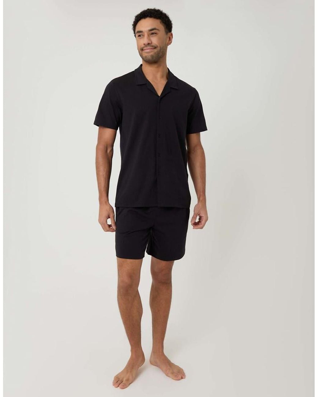 Threadbare Black Cotton Shirt & Shorts Lounge Set for men
