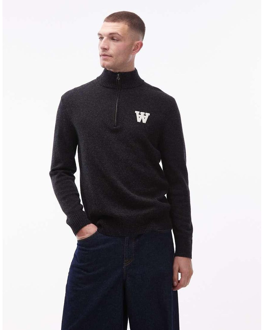 DOUBLE A by WOOD WOOD Blue 100% Wool Quarter-zip Knitted Jumper With Logo Detail for men
