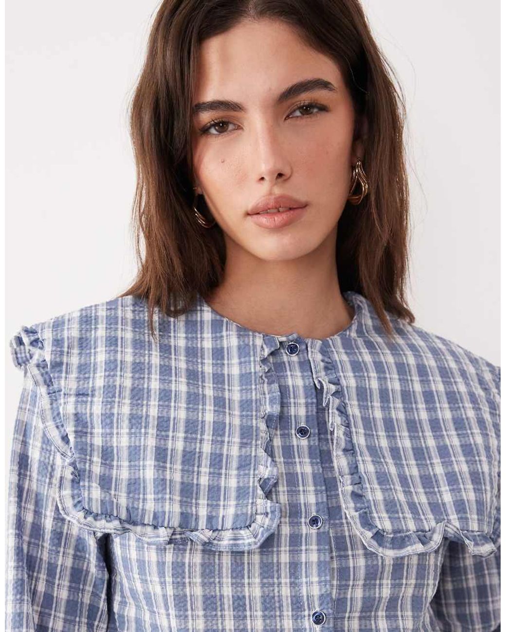 Ghospell Blue Cotton Rich Oversized Collar Blouse