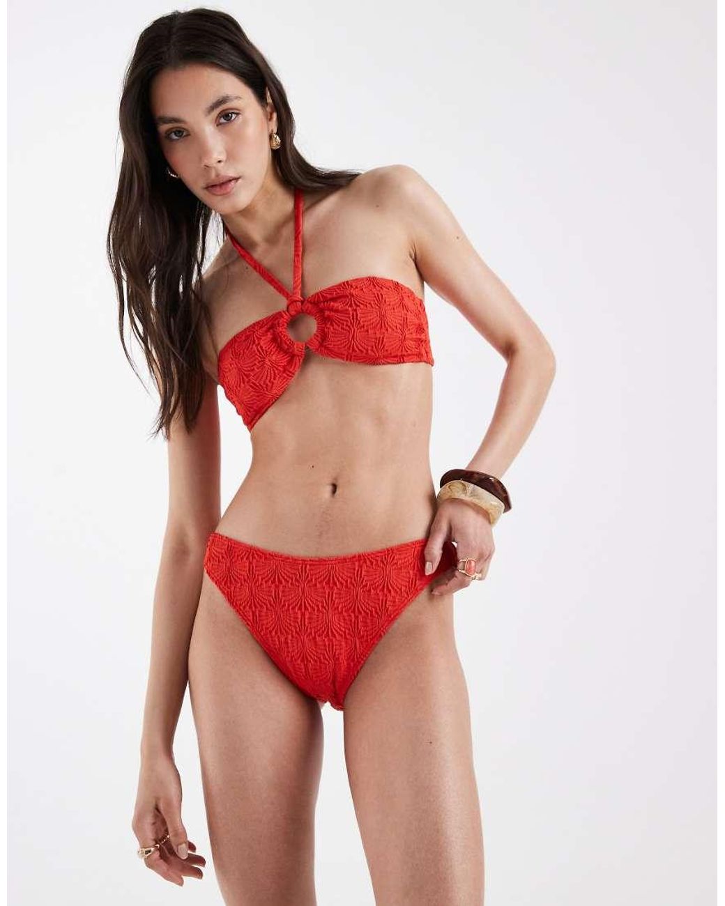 New Look Red Textu Bandeau Bikini Top