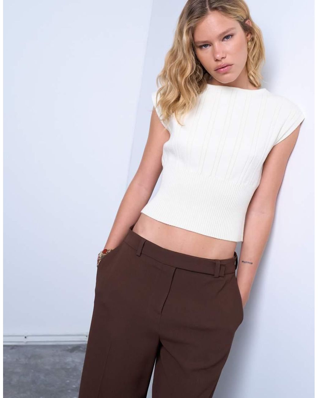 TOPSHOP Brown Knitted Compact Fitted Top