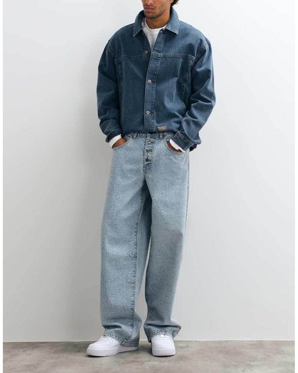 Liquor N Poker Blue Relaxed baggy Rhinestone Detail Jeans for men