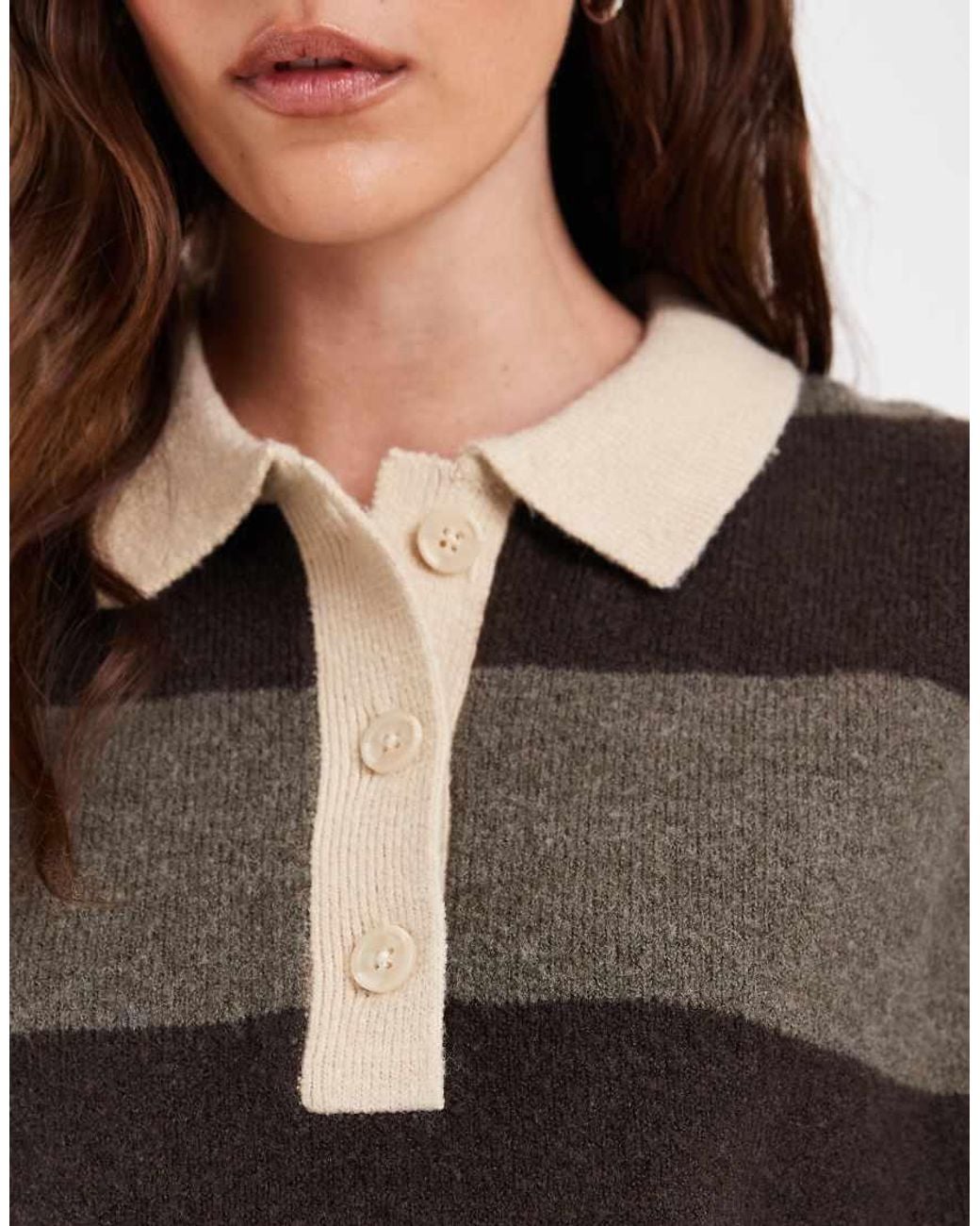 JJXX Brown Long Sleeve Knitted Polo With Stripes