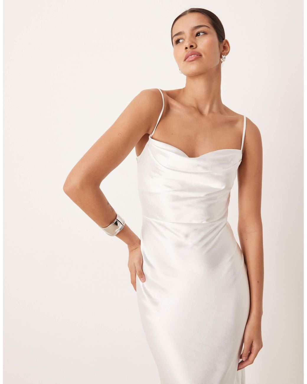 Pretty Lavish Natural Bridal Keisha Satin Drape Cowl Neck Cami Maxi Dress