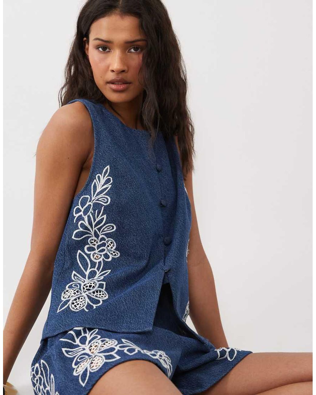 ASOS Blue Denim Sleeveless Top With Cutwork Detail