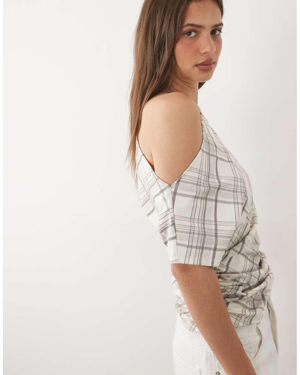 ASOS White Fallen Shoulder Cinched Waist Top