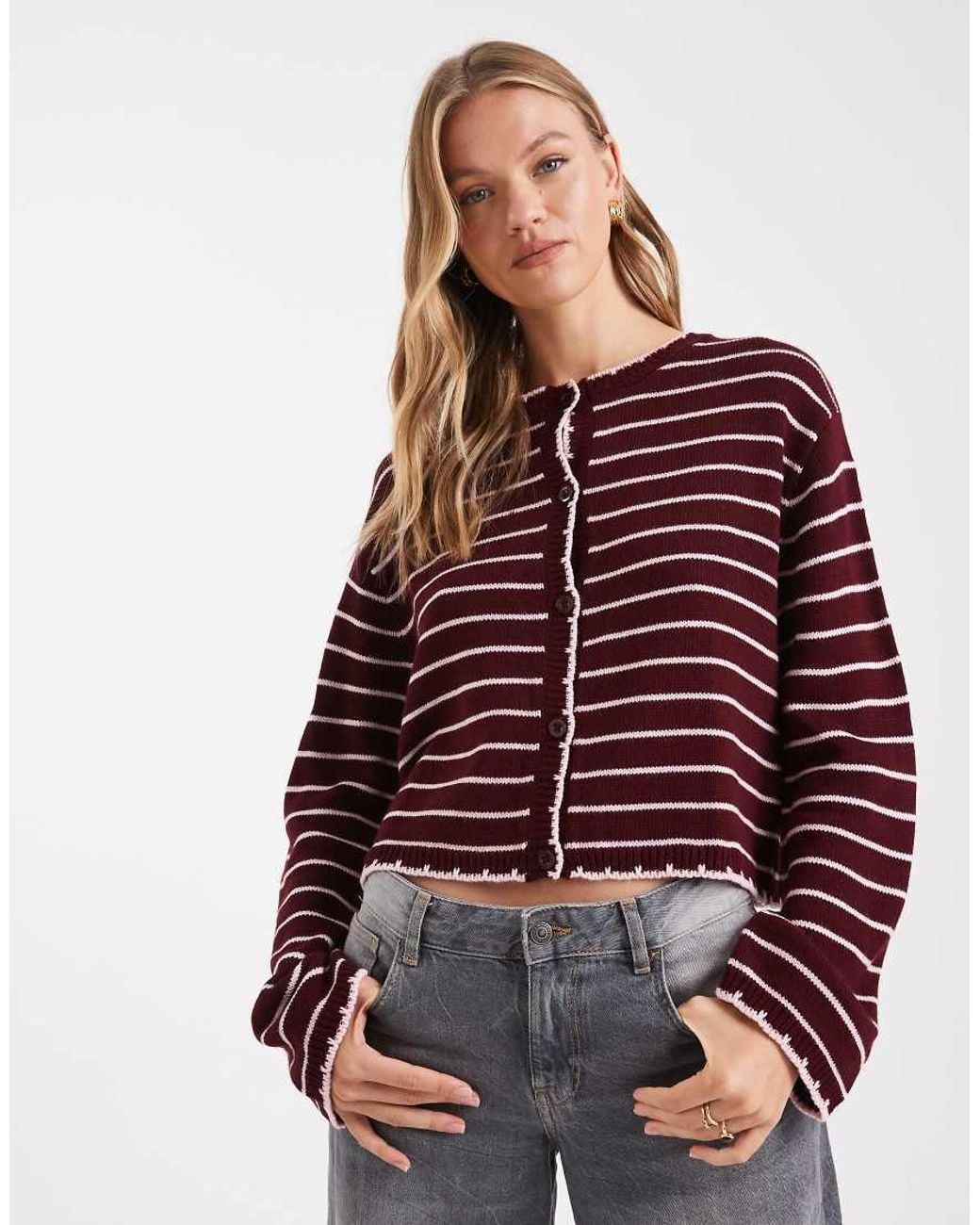 Miss Selfridge Red Striped Blanket Stitch Cardigan