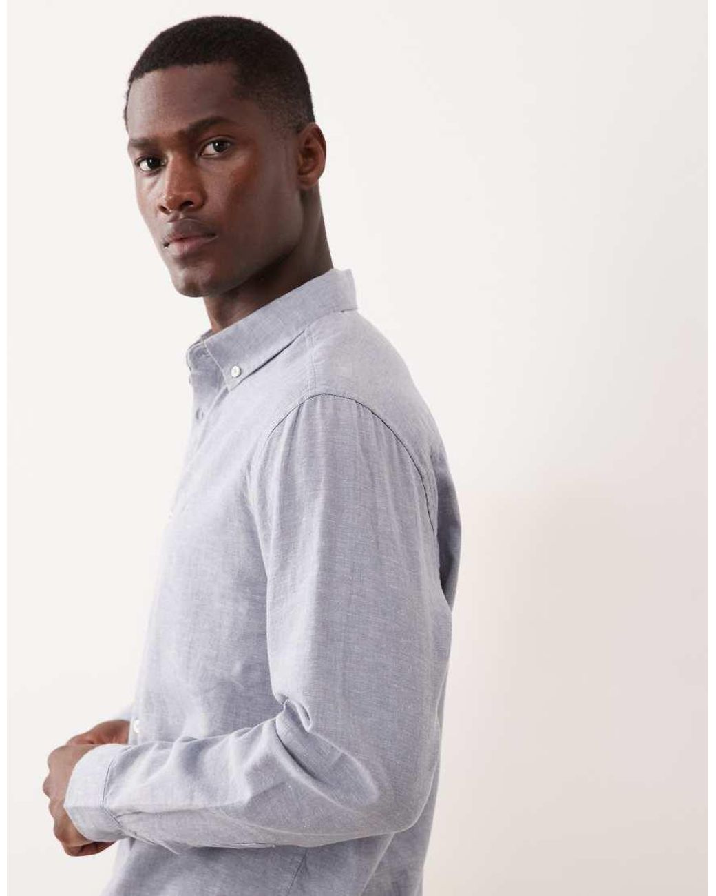 Threadbare Blue Long Sleeve Linen Mix Shirt for men