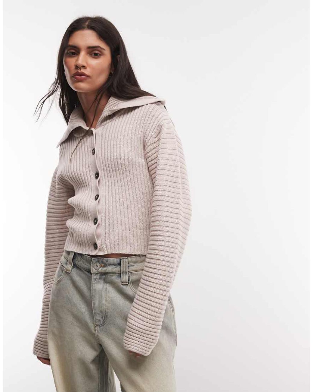 Monki Natural Cinched Knitted Collar Cardigan