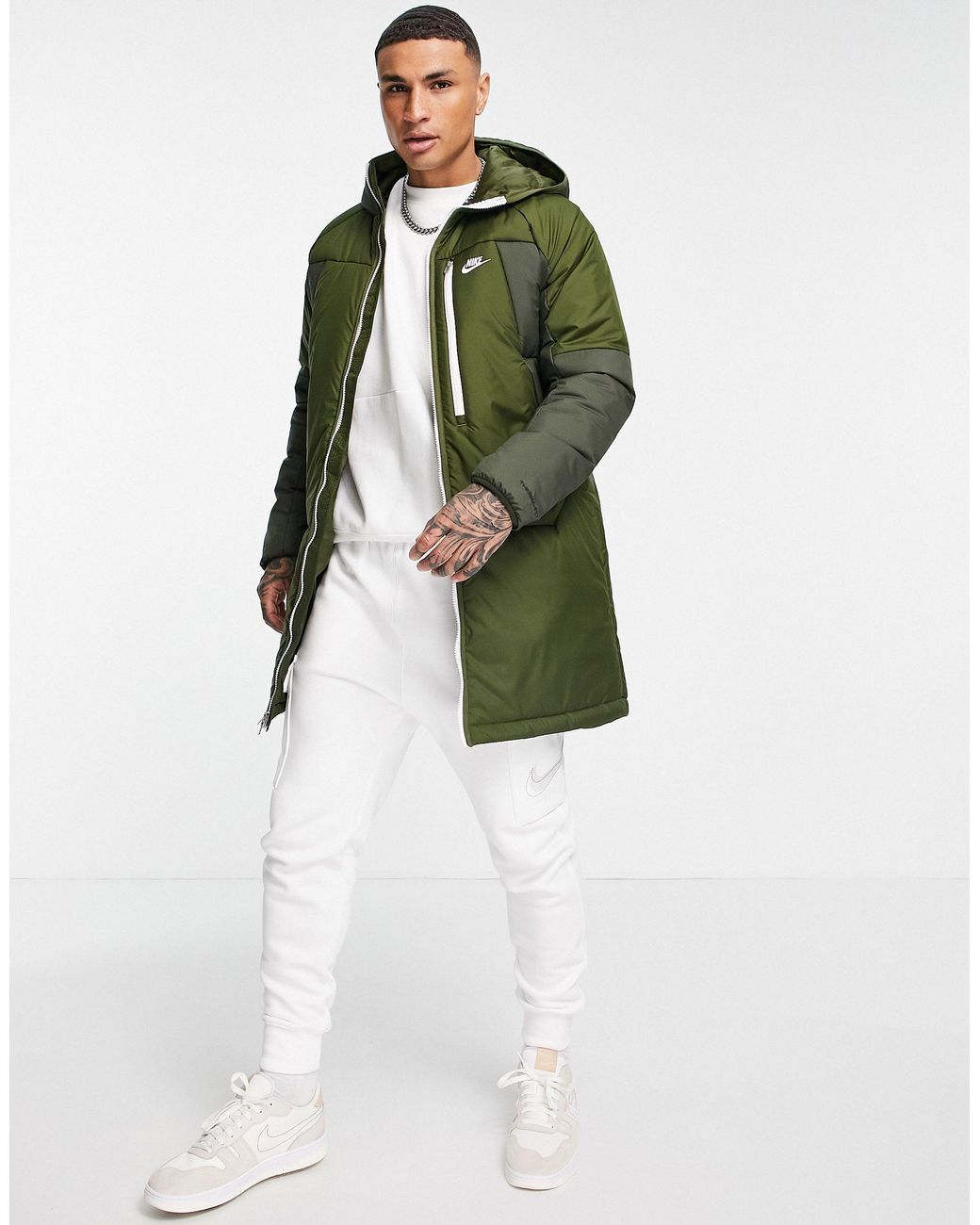 Nike Parka Long Coat Insulated Green Jacket Full Zip Hooded Men