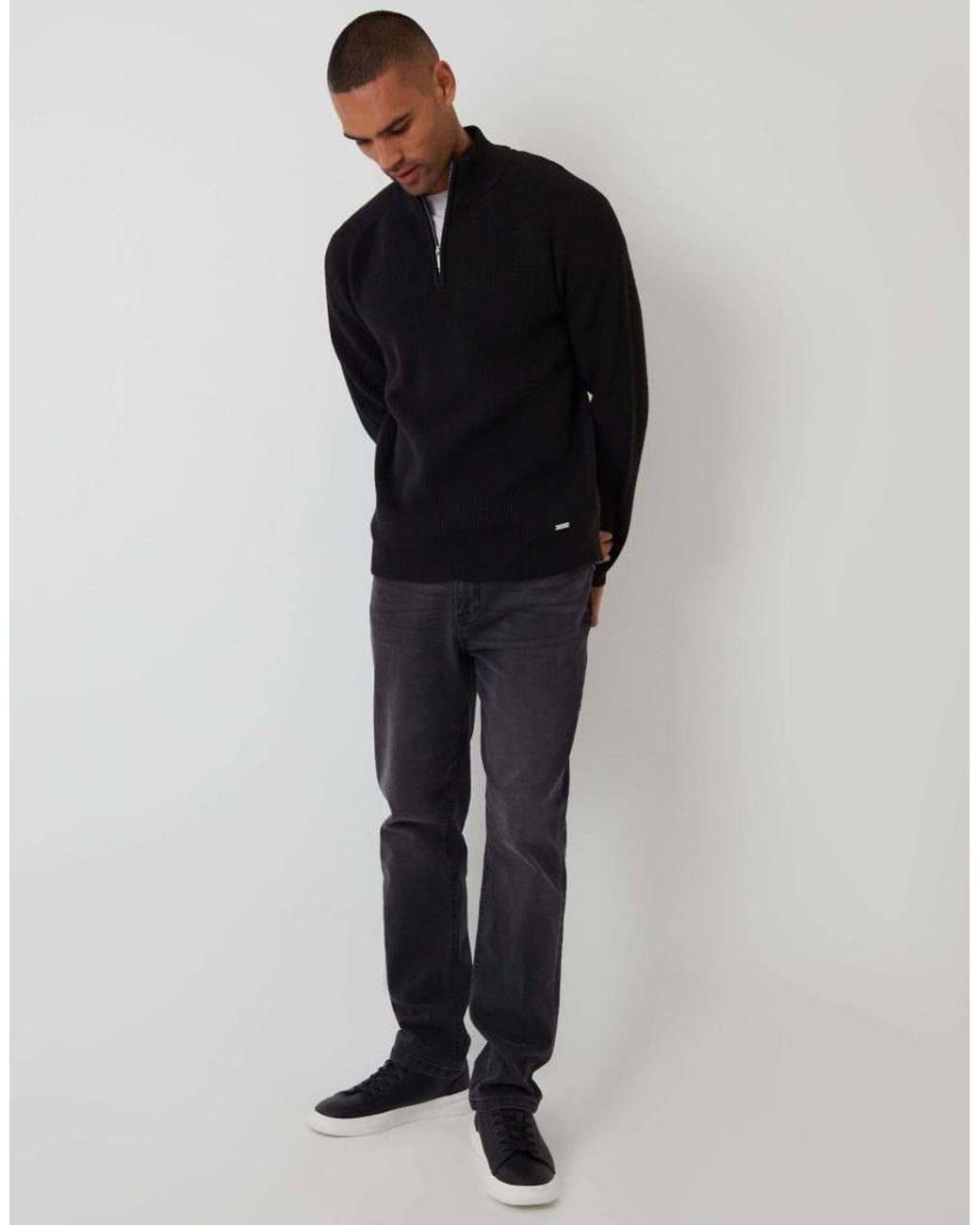 Threadbare Black Cotton Blend Rib Panel Quarter Zip Knitted Jumper for men