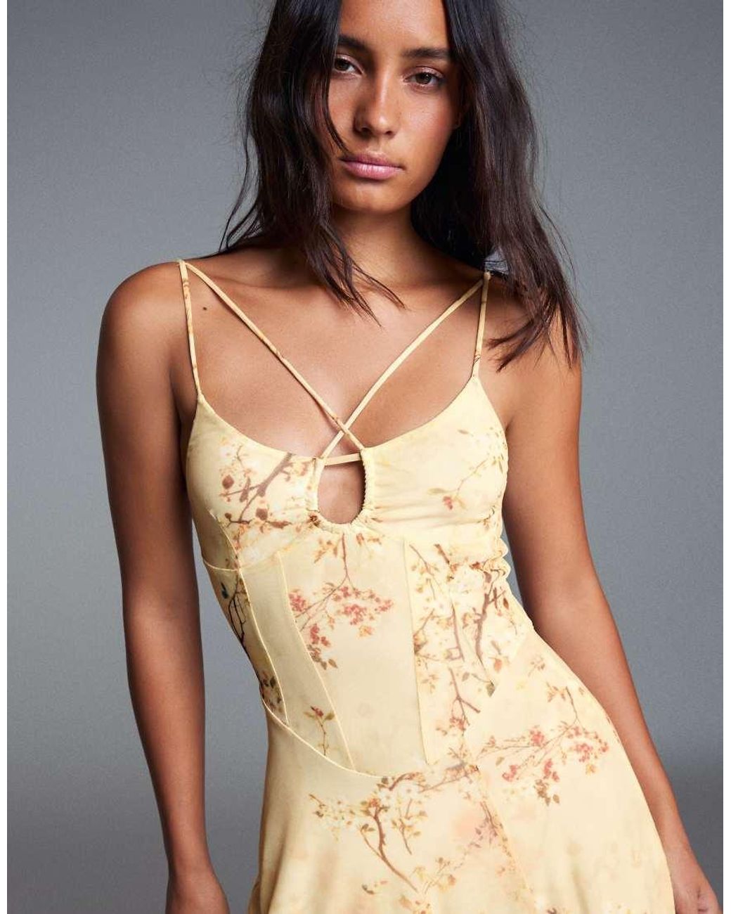 Bershka Yellow Strappy Floral Maxi Dress