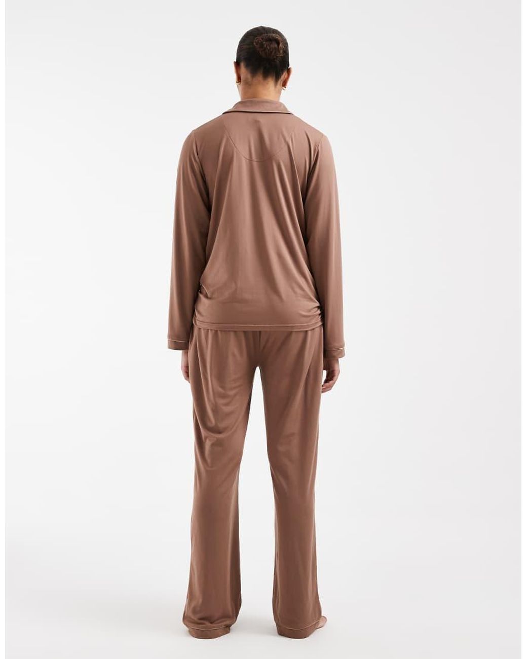 Loungeable Brown Maternity Super Soft Jersey Revere Top And Wide Leg Pyjama Set With Piping Detail