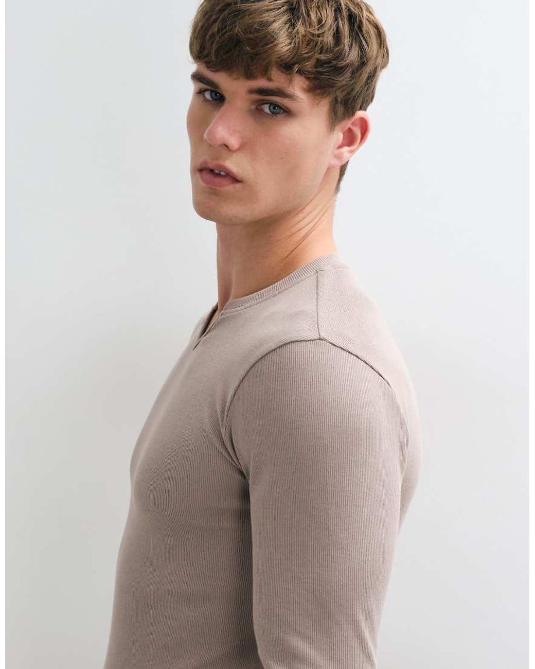 ASOS Gray Muscle Fit Long Sleeve T-shirt With Notch Neck for men