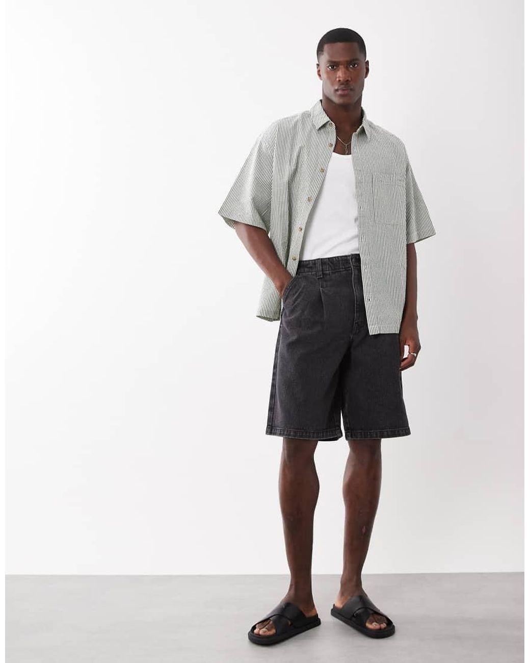 ASOS Black Loose Denim Stripe Jorts for men