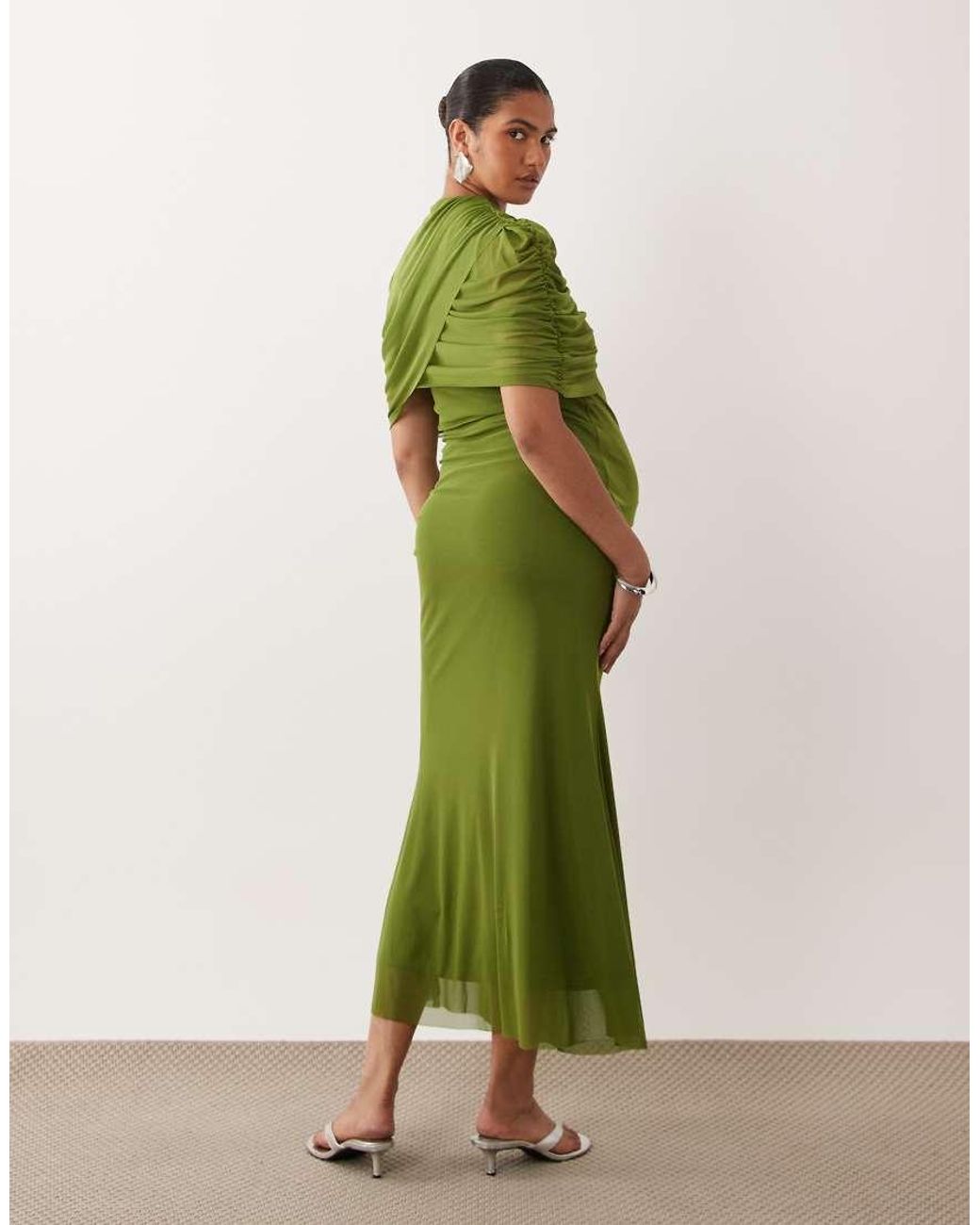 Vero Moda Green Drape Detail Mesh Maxi Dress