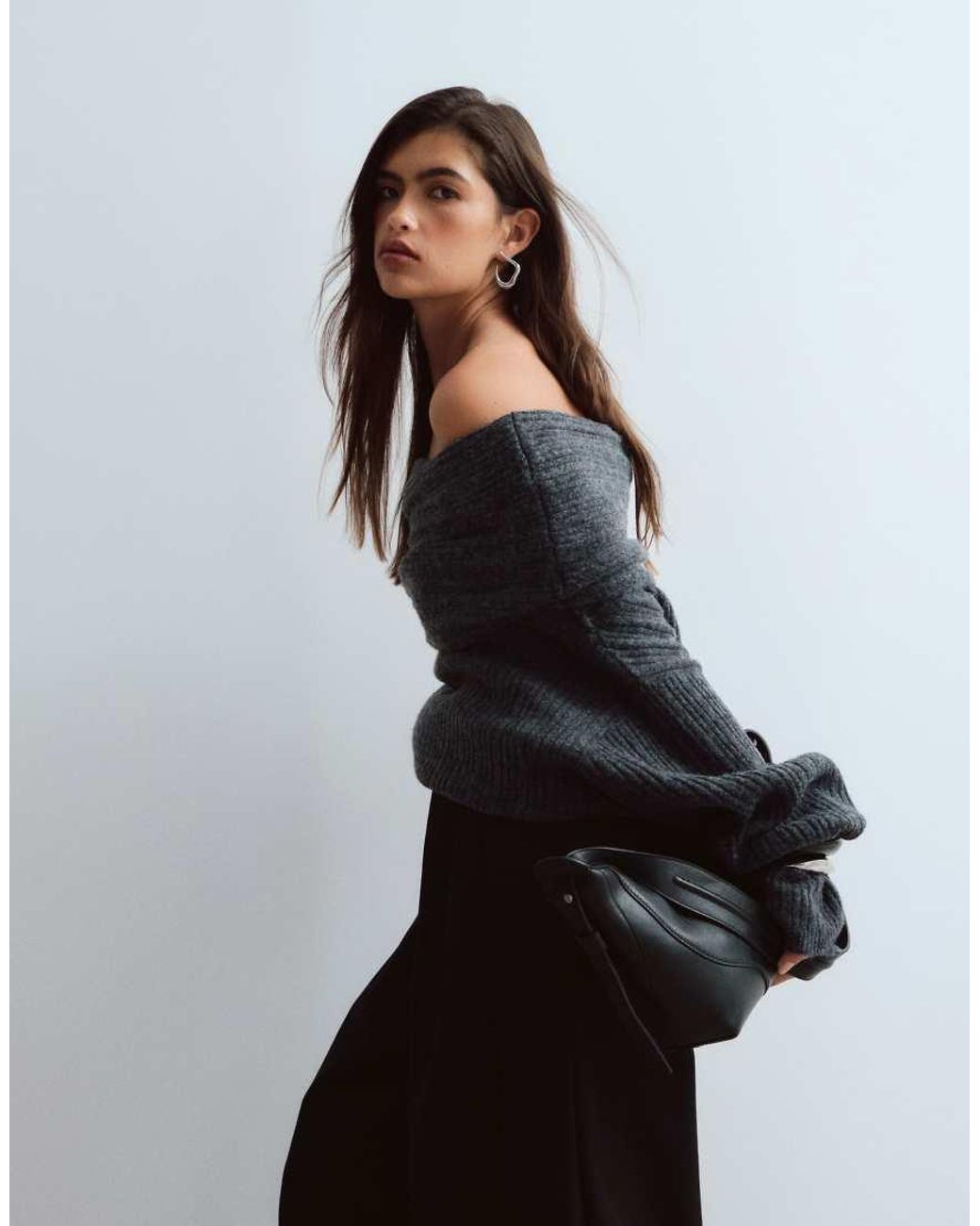 ARRANGE Gray Chunky Rib Knitted Off Shoulder Long Sleeve Jumper