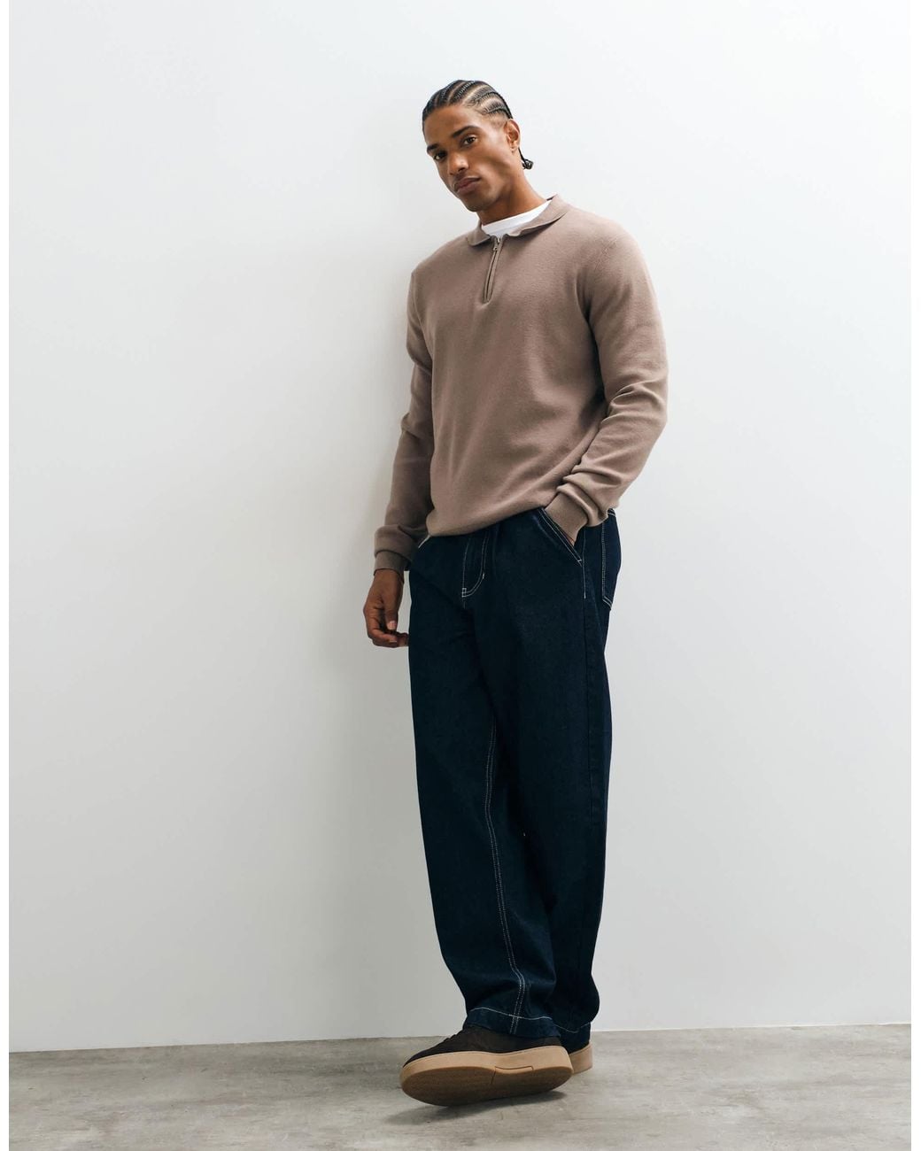 Threadbare Natural 1/4 Zip Knitted Polo for men