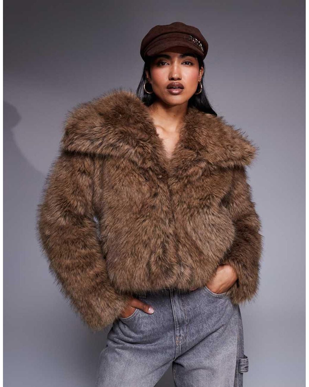 River Island Brown Cropped Faux Fur Jacket