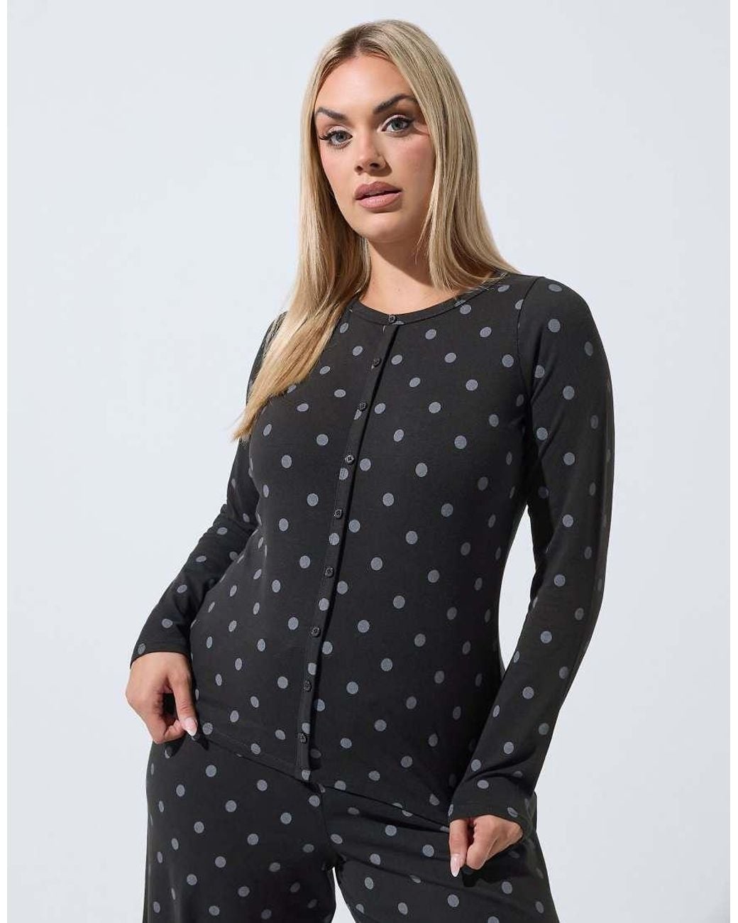 Yours Clothing Blue Polka Dot Long Sleeve Button Top