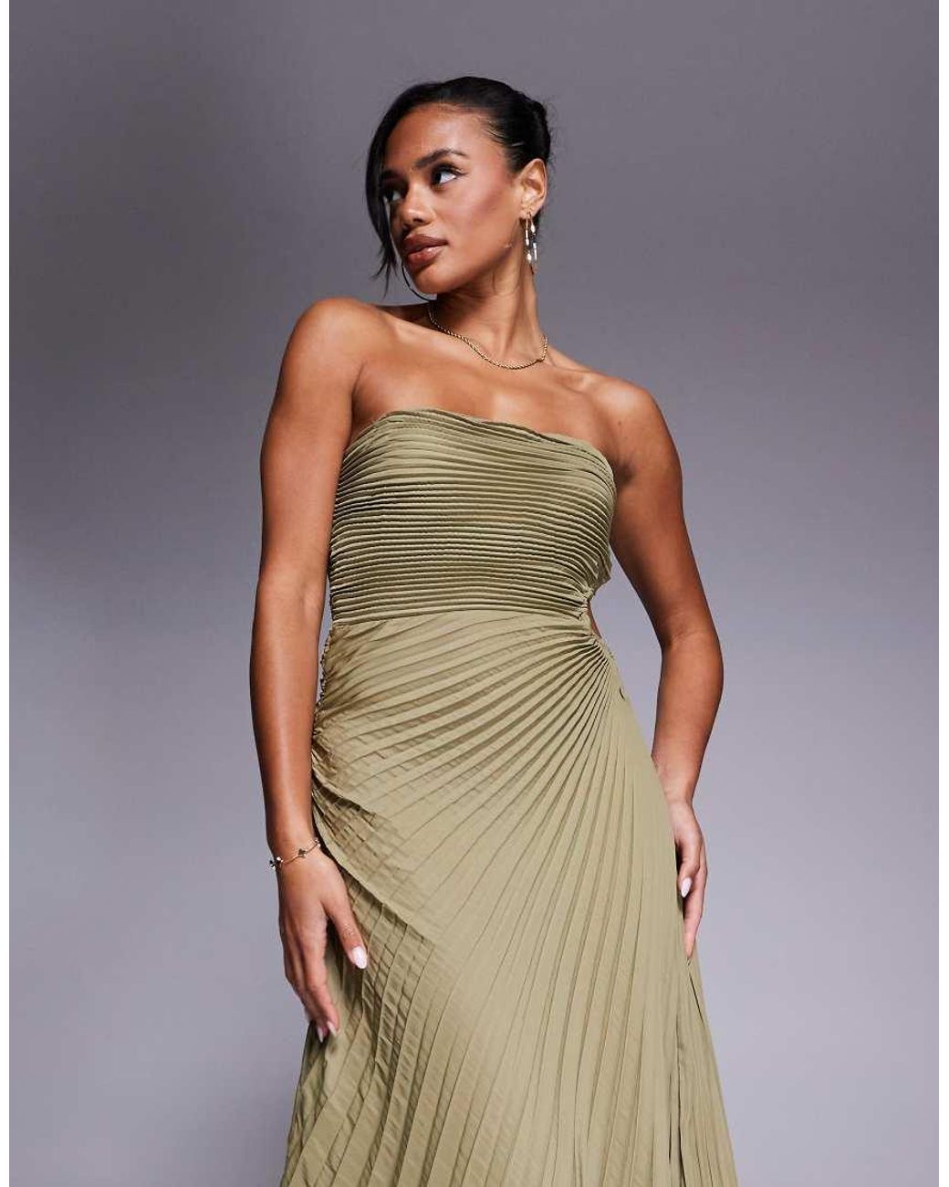 Aria Cove Metallic Bandeau Open Side Pleated Maxi Dress