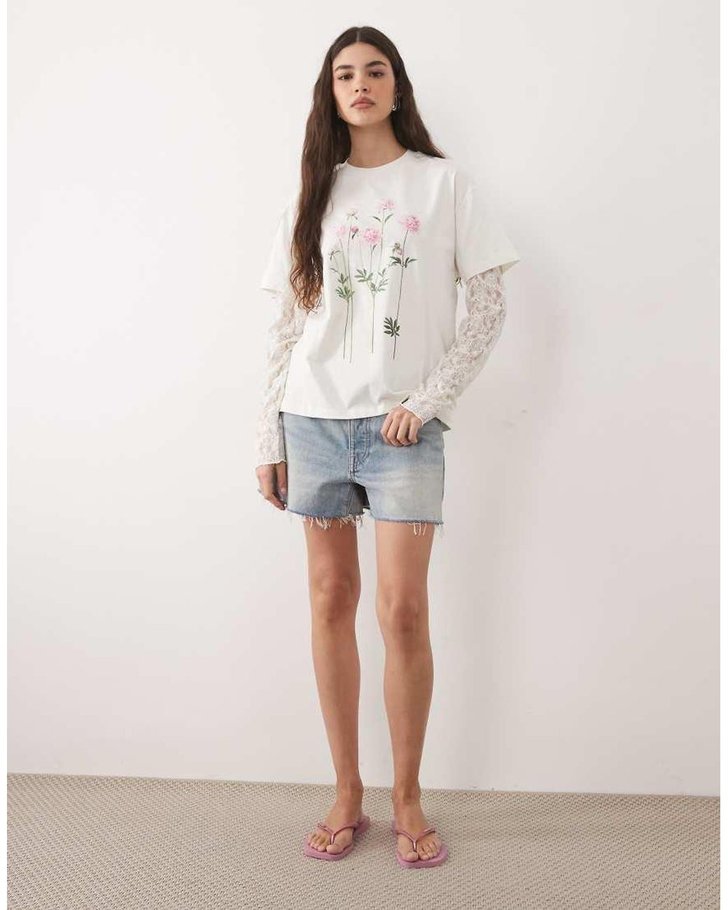 Miss Selfridge White Oversized T-shirt With Lace Sleeve And Flower Print
