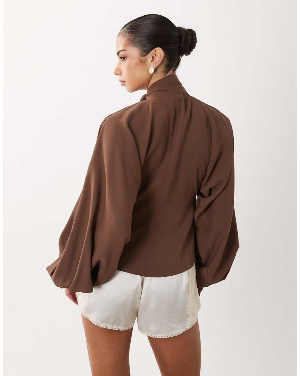 ASOS Brown V Neck Tie Detail Batwing Blouse