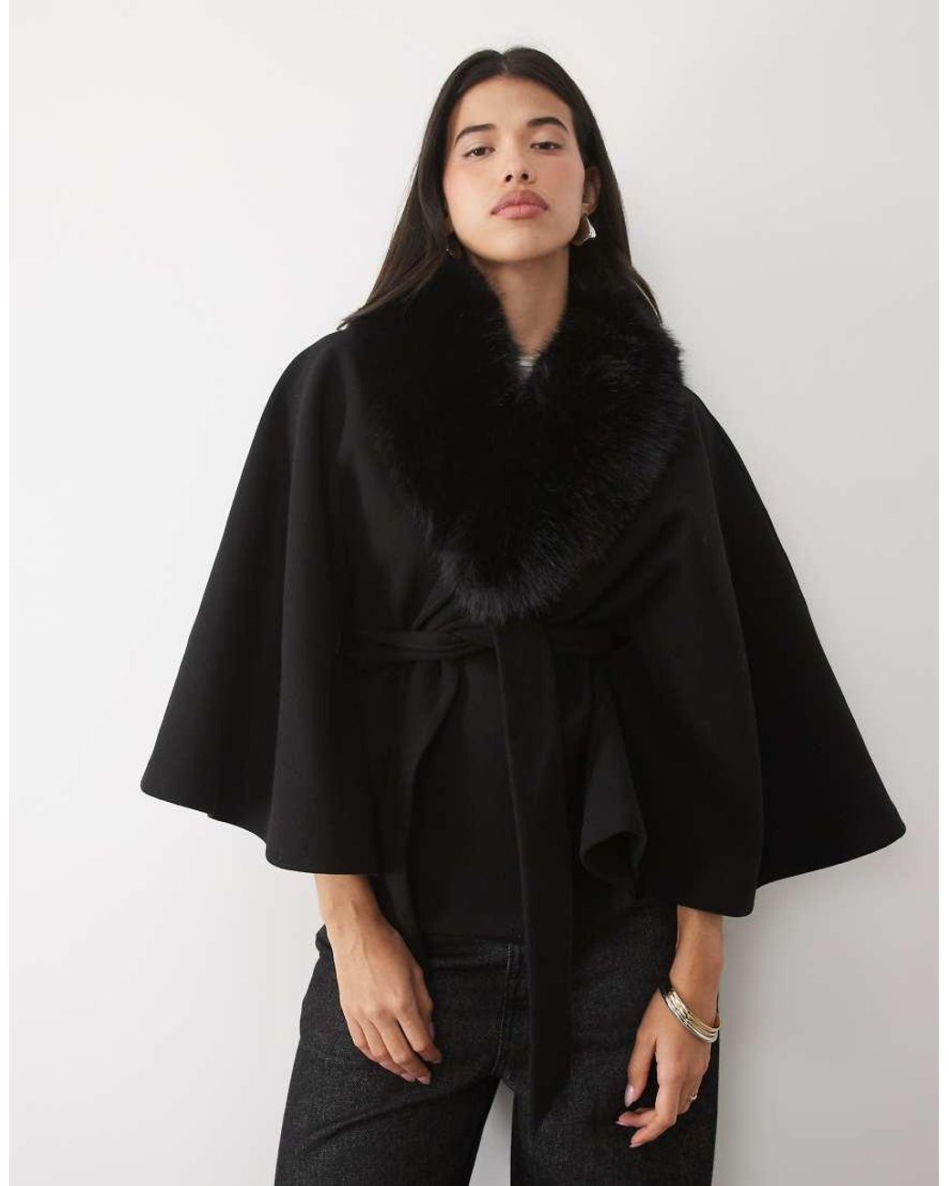 Gina Tricot Black Faux Fur Collar Cape With Belt