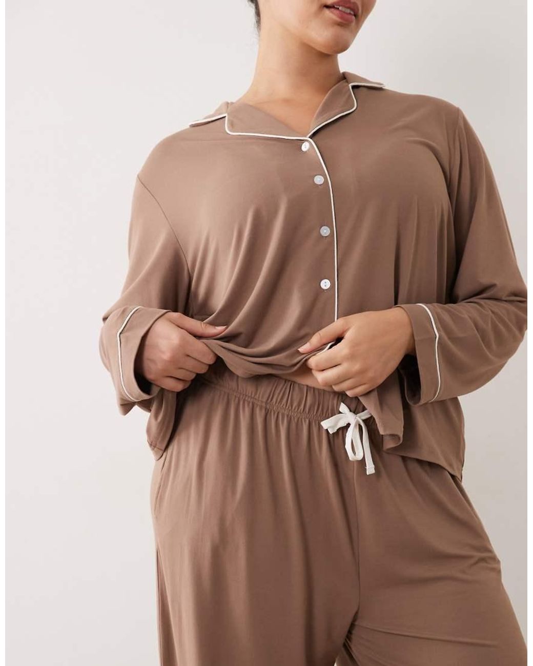 Threadbare Brown Curve Button Down Super Soft Pyjama Set