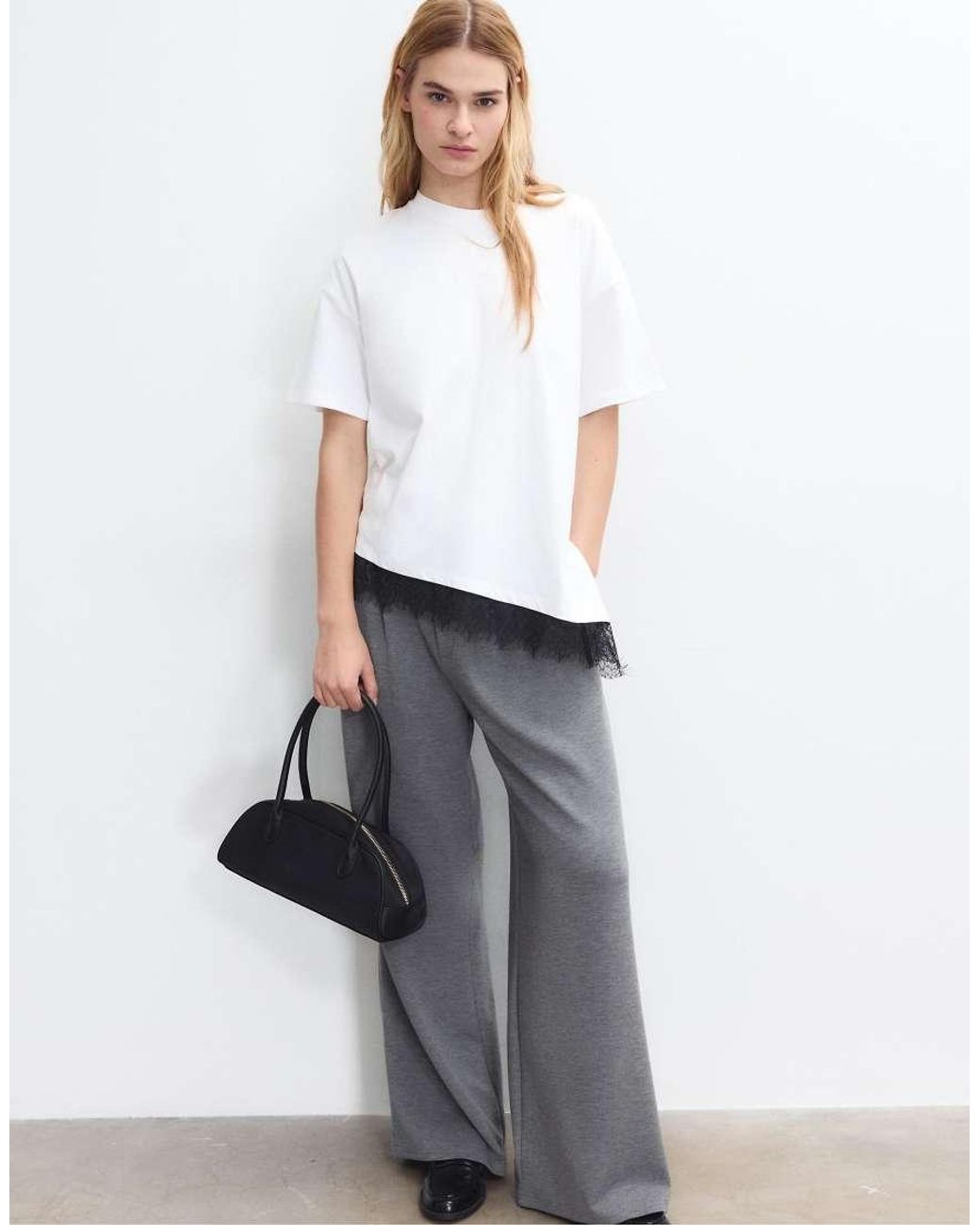 Stradivarius White Short Sleeve T-Shirt With Lace Hem