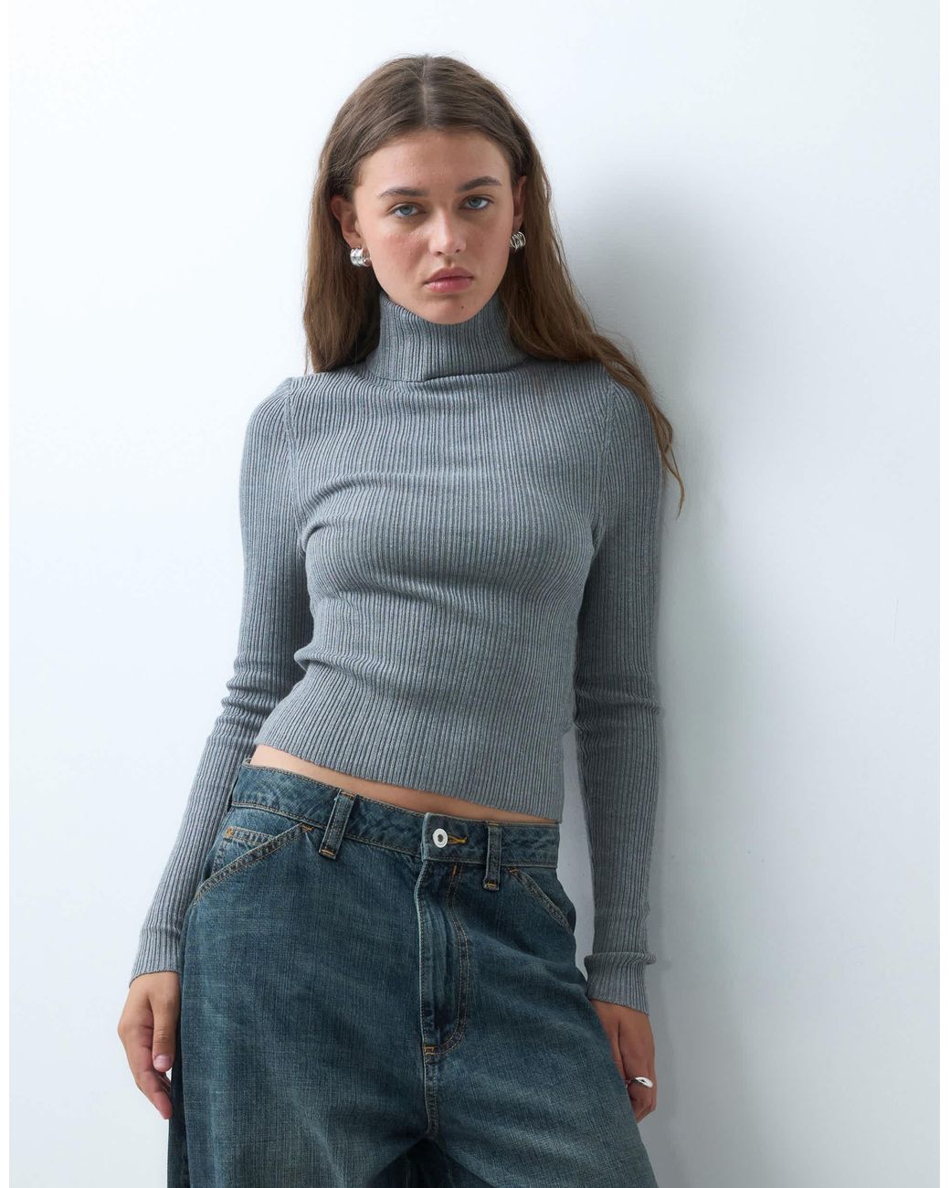 Collusion Gray Knitted Ribbed Roll Neck