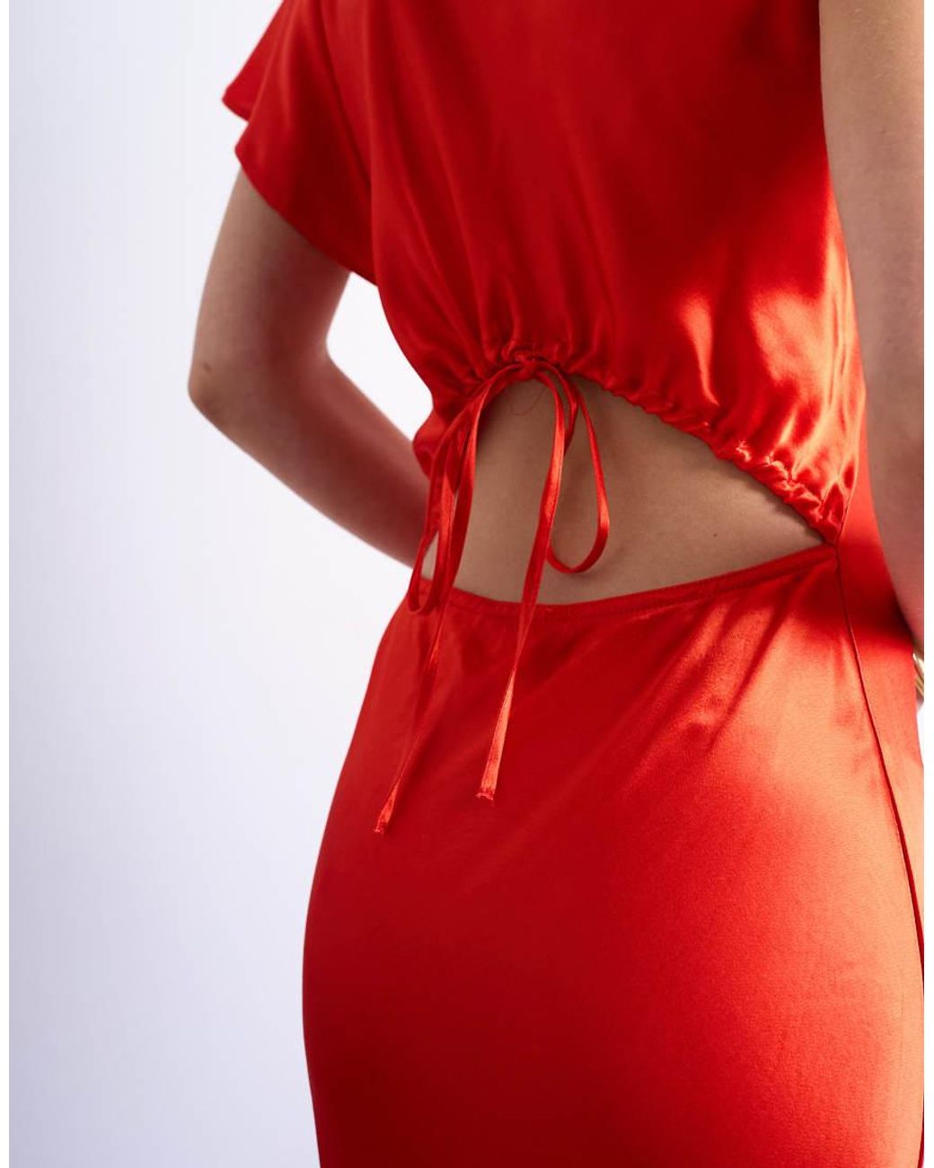 TOPSHOP Red Twist Shoulder Backless Midi Satin Dress