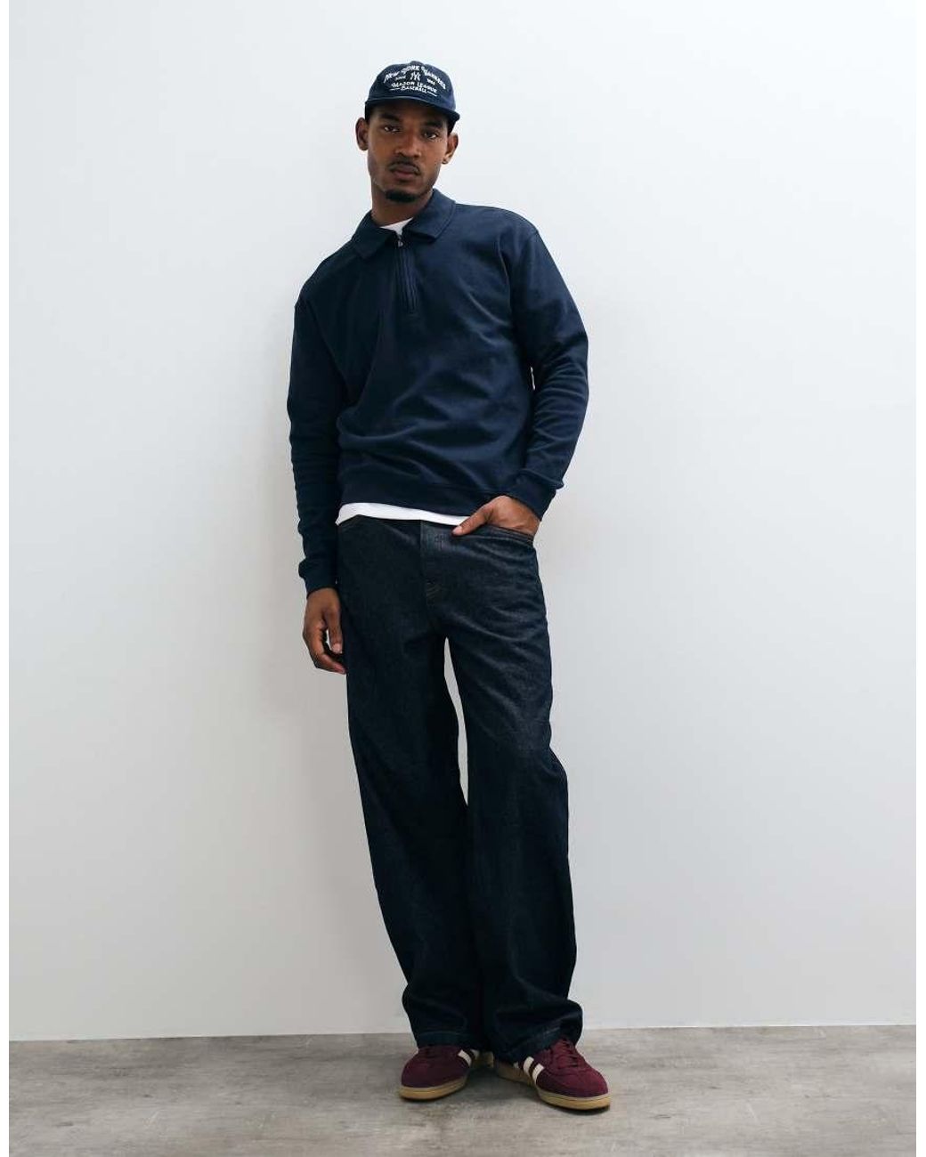 New Look Blue Textured Knit 1/4 Zip Polo for men