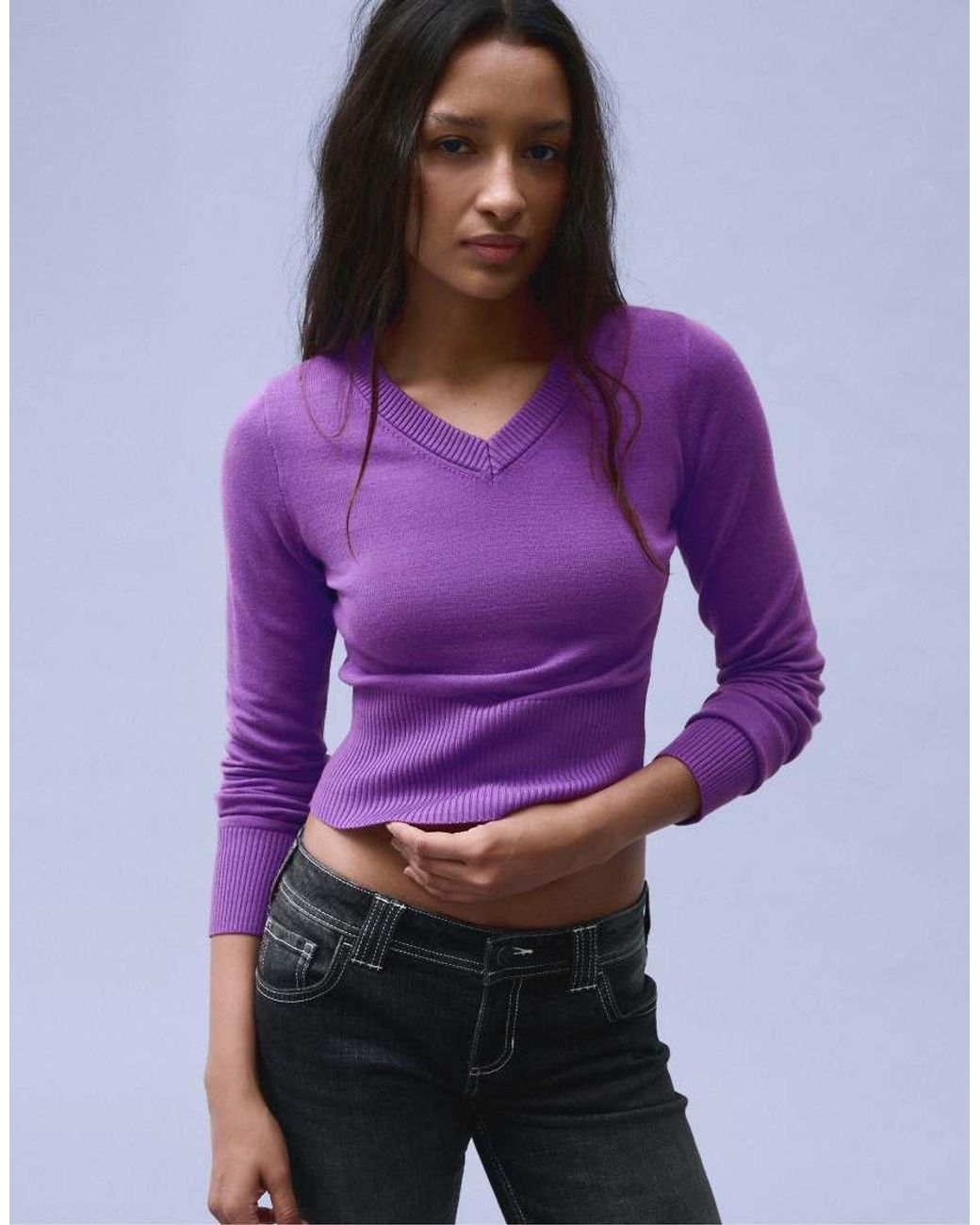 Bershka Purple Embroidered V-neck Jumper