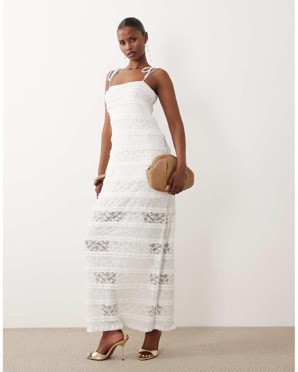 Vero Moda White Stretch Floral Lace Maxi Dress With Tie Cami Straps