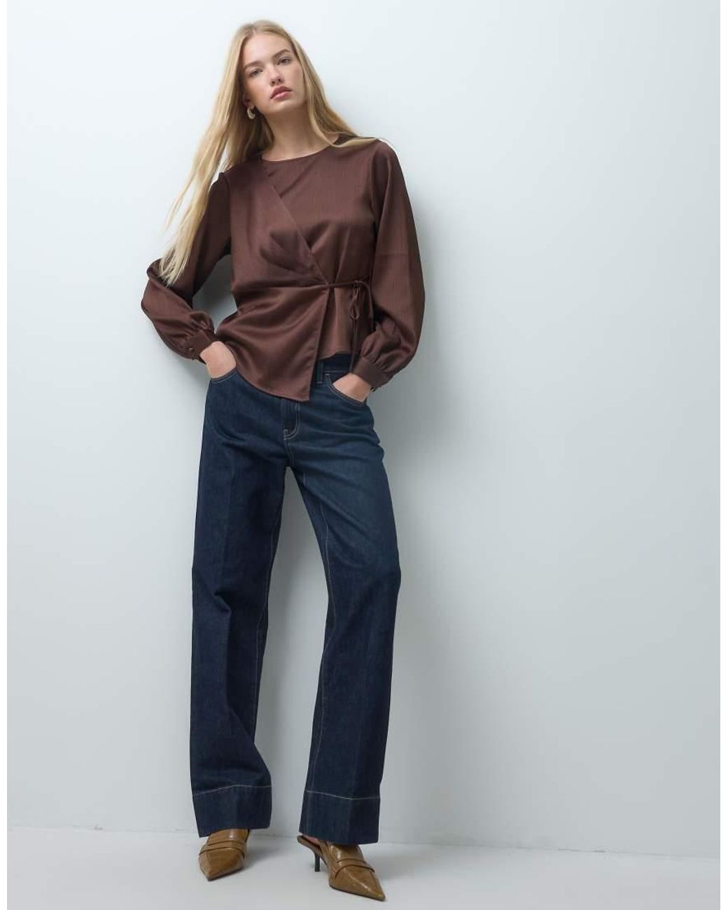 Vero Moda Brown Satin Wrap Front Blouse With Tie