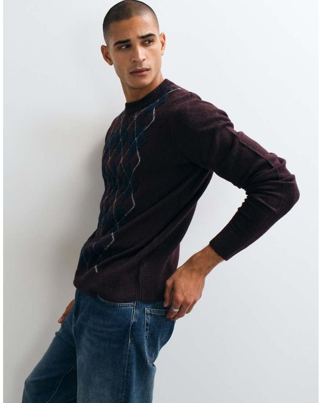 Threadbare Blue Argyle Knitted Crew Neck Jumper for men