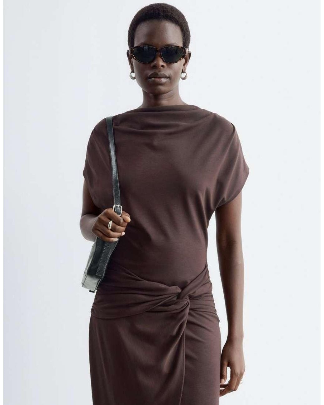 & Other Stories Brown Boat Neck Lock Sleeve Midi Dress With Side Knot Detail