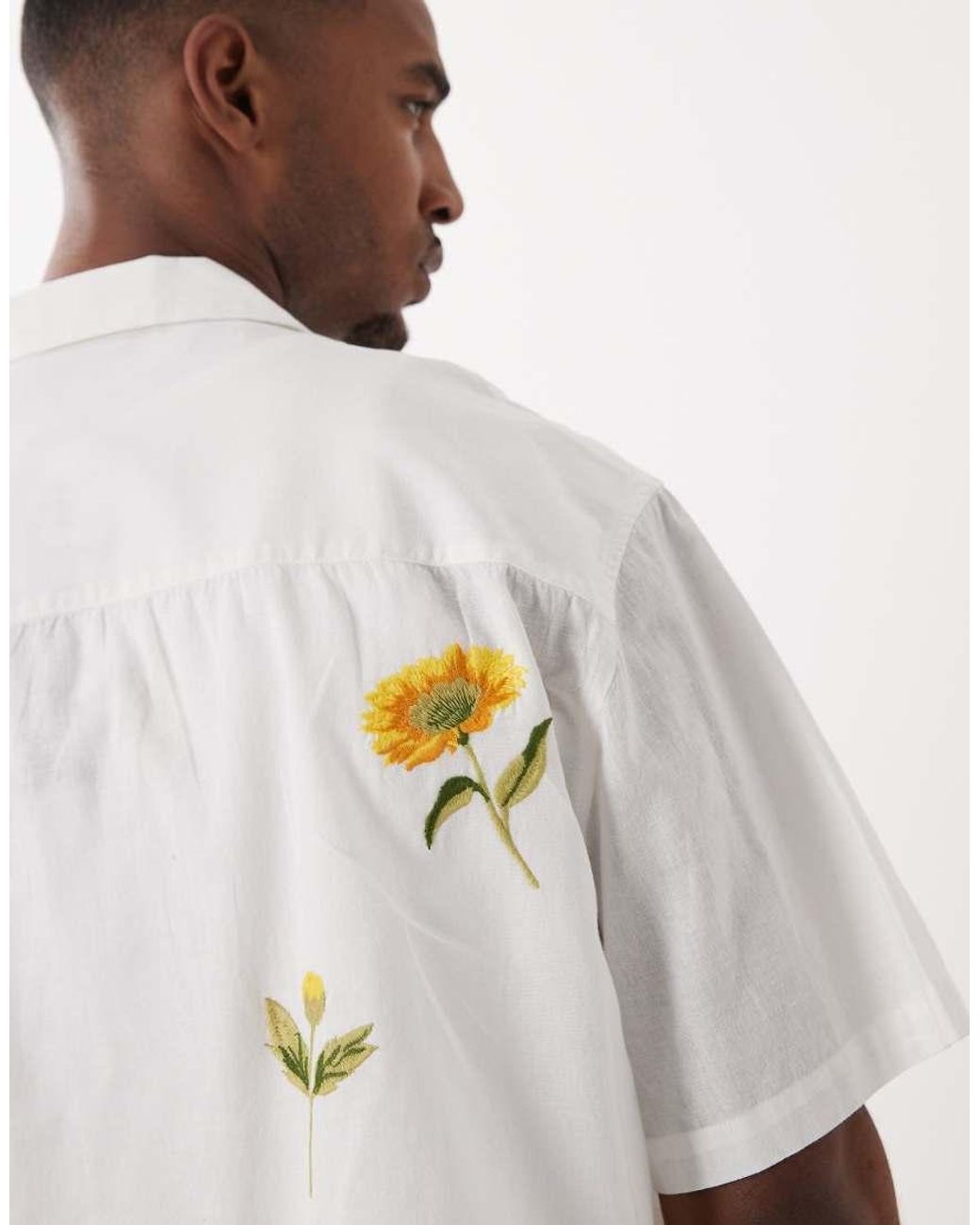 ASOS White Boxy Oversized Shirt With Linen With Floral Embroidery for men
