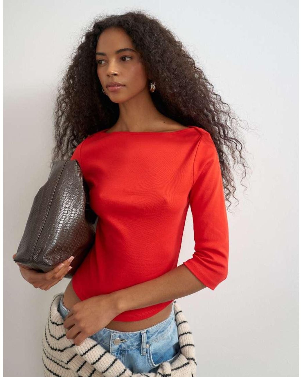 TOPSHOP Red Slash Neck Curve Hem Top