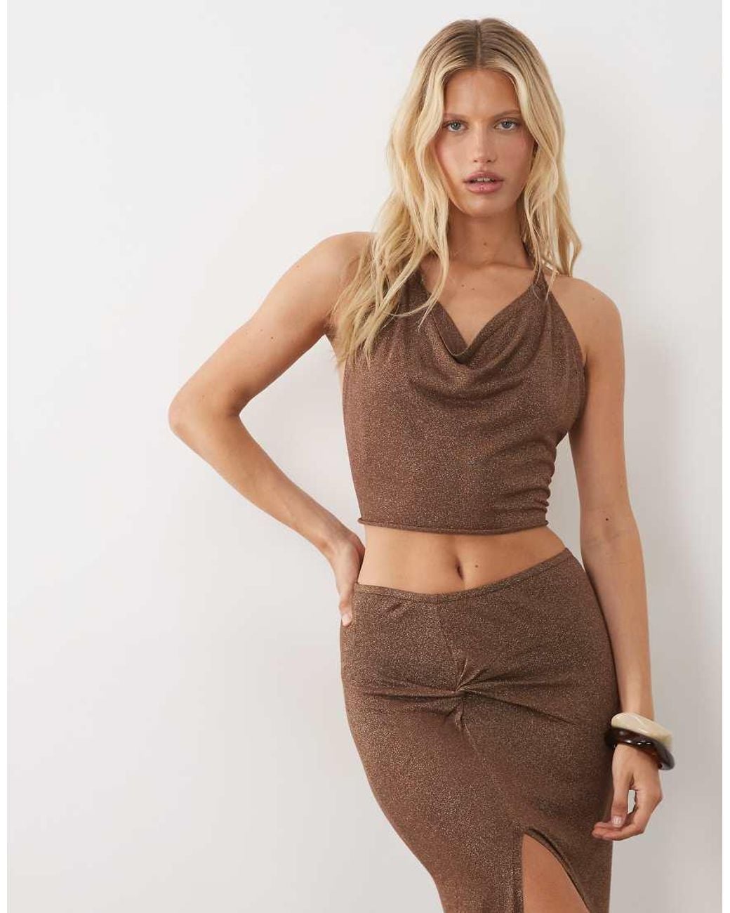Miss Selfridge Brown Glitter Knit Halterneck Top