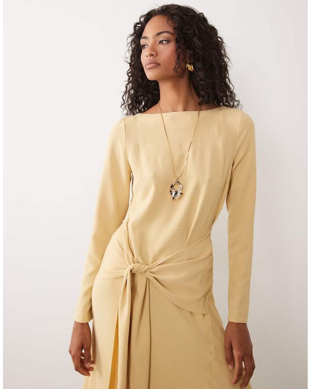 ASOS Natural Long Sleeve Full Hem Maxi Dress With Tie Detail