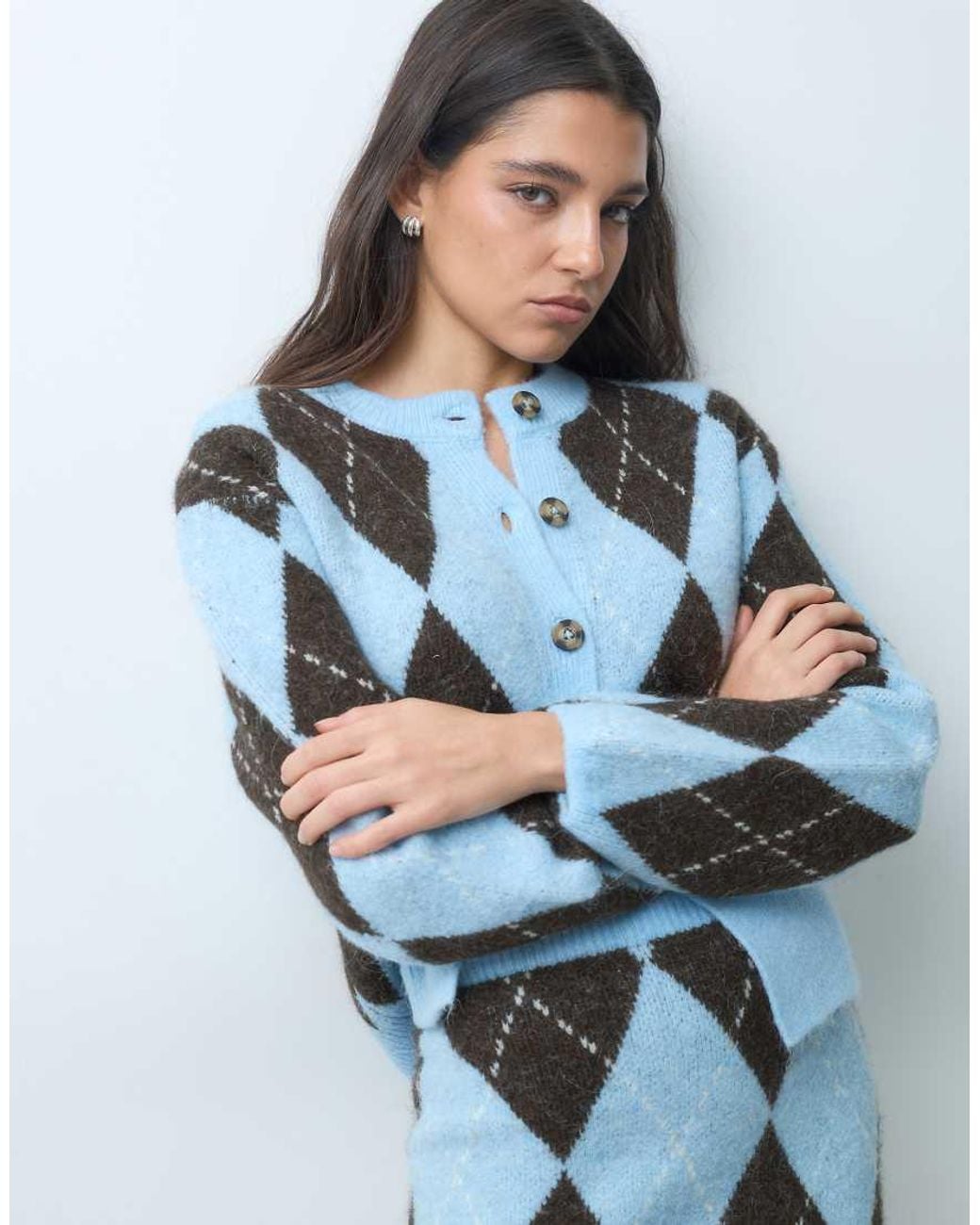 Gina Tricot Blue Knitted Argyle Cardi Co-ord